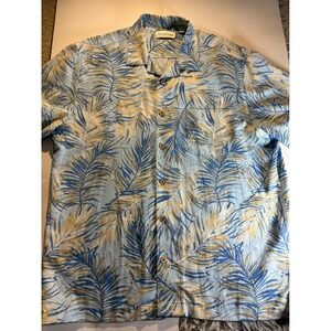 Caribbean L Tropical Hawaiian Shirt Blue Palm Leaf Print Short Sleeve